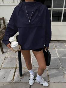SHEIN EZwear 黑色連帽防風夾克，落肩設計，半透明梭織面料，四分之一拉鍊套頭式女款連帽衫，秋季女款連帽衫 - 藏蓝色 - 查看 5
