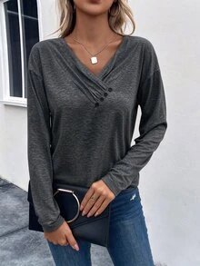 SHEIN LUNE 女款V領百褶鈕扣裝飾休閒T恤秋季女裝 - 深灰色 - 查看 6