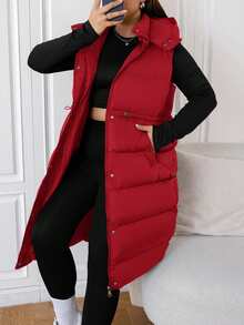 SHEIN EZwear Plus Size Long Hooded Winter Vest Coat Fall Autumn - Red - View 1