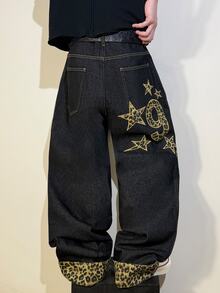 STEELVANCE Streetwear Retro Fashion Versatile Distressed Washed Embroidered Patchwork Design Loose Straight Wide Leg Casual Denim Jeans (Belt And Accessories Not Included) - Black - View 2