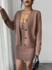 Elenzga Women's Autumn/Winter Mocha Brown Knit Set, Ribbed Texture, Cardigan And Cami Mini Skirt 2 Pieces Outfit, Elegant And Relaxed European Style, Suitable For Holiday, Date, Daily Commute, Party And Autumn Outings - Brown - View 5