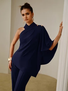 ZEYLAH Women's Solid Color One-Shoulder Fashion Versatile Top - Navy Blue - View 3