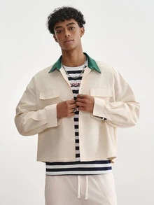 TOKVUE Men's Colorblock Collar Multi-Pocket Loose Short Vintage Workwear Jacket | Young Streetwear Boys - Beige - View 1