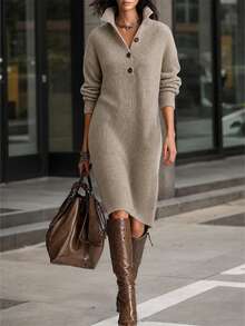 Wandoria Women's Solid Color Drop Shoulder Long Sleeve Button Half-Placket Casual Knit Dress - Khaki - View 1