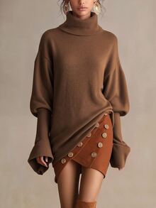 Breezaya Autumn/Winter Date & Street Wear Vintage Lazy High Neck Loose Knit Sweater Dress - Coffee Brown - View 1