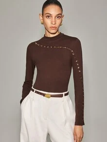Anewsta Essential Autumn/Winter Premium Minimalist Diagonal Metal Button Crew Neck Knit Top - Apricot - View 6