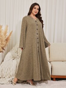 Lacomfia Autumn/Winter Khaki Ribbed Knit Fabric Patchwork Velvet Lace Trim Loose Long Commute Minimalist Women Plus Size Dress - Khaki - View 6