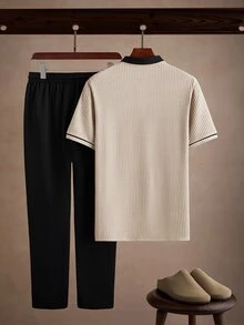 Core Aspect Men's Fashion Casual Textured Knit Polo Top + Straight Leg Casual Pants, Light Business Style, Office Daily Commute Outfit - Multicolor - View 2