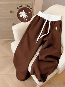 Resyla Women's Embroidered Contrast Color Drawstring Waist Casual Sweatpants - Brown - View 3