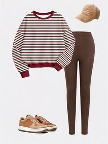 Tween Girls Autumn/Winter Casual Fashion Red Contrast Striped Crew Neck Sweatshirt And Leggings Set - Multicolor - View 4