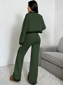 CovetEZ 2pcs/Set Women Solid Color Patchwork Front Button Long Sleeve Casual Sweater And Pants Set,Women's Fall Clothes - Army Green - View 2