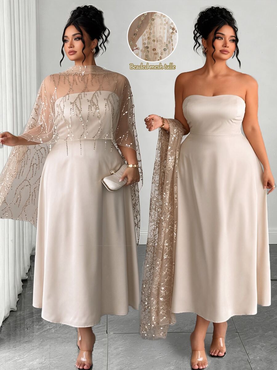 Elenzga Plus Size Women Coffee Brown Autumn/Winter Long Dress, Lace Patchwork Backless A-Line Skirt, Ruffle Hem, Fishbone Pattern Dividing Line, Long Train, Suitable For Party, Halloween, Various Events - Apricot - View 1