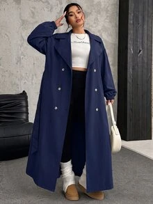 SHEIN EZwear Plus Size Army Green Long Trench Coat, Autumn/Winter Fall - Navy Blue - View 1
