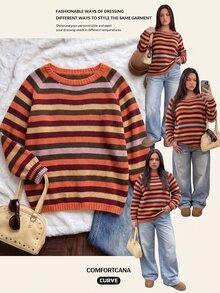 Comfortcana Plus Size Burnt Orange Striped Pattern Raglan Sleeve Sweater Halloween Thanksgiving Formal Graduation Vacation Autumn Retro Casual 80s - Multicolor - View 5