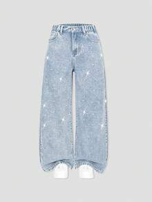 SHEIN 女童 Y2K 風格水鑽裝飾牛仔褲，時尚休閒寬鬆喇叭褲腳軟牛仔長褲，秋季穿搭 - 淺色水洗藍 - 查看 1