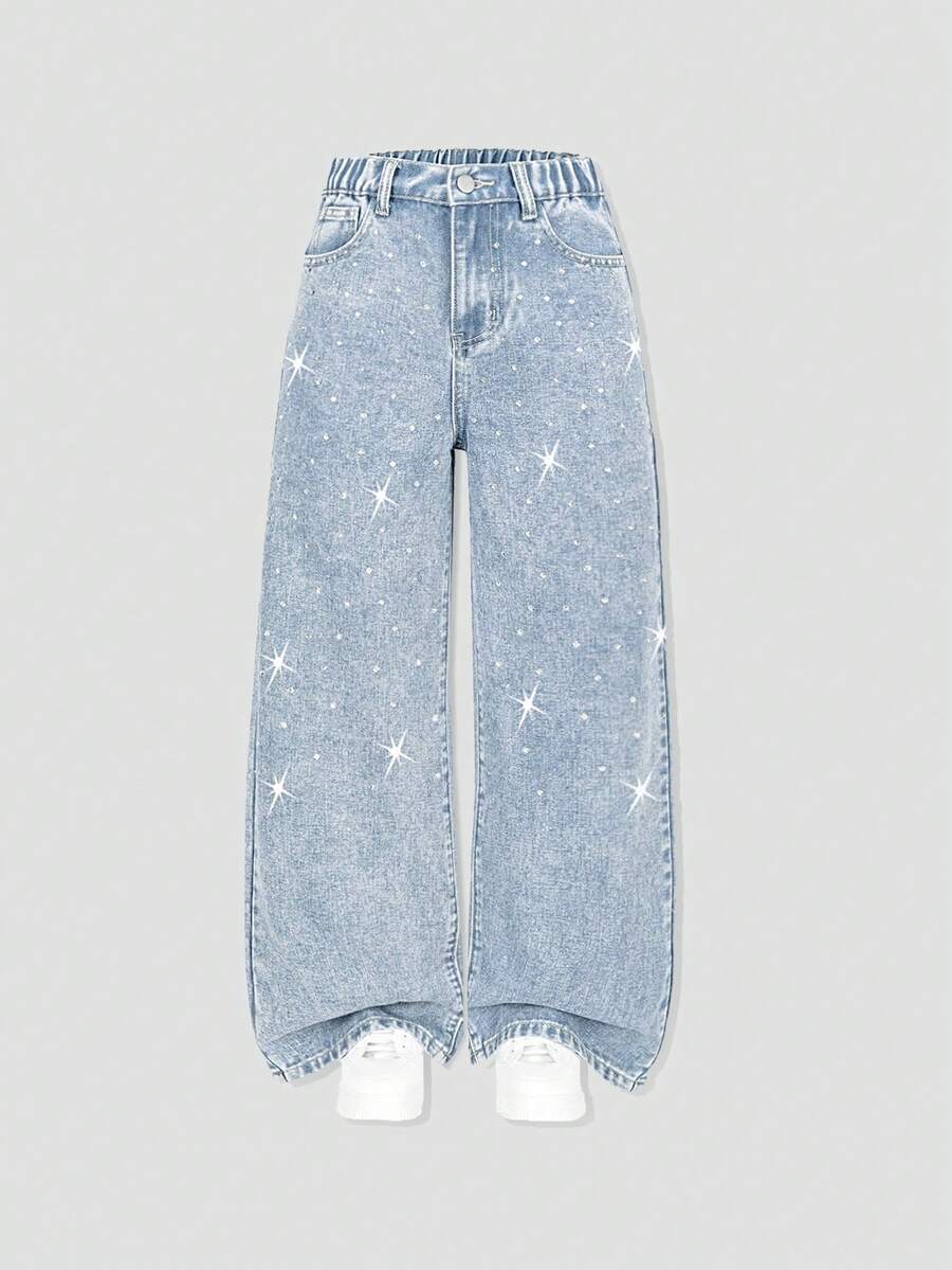 SHEIN 女童 Y2K 風格水鑽裝飾牛仔褲，時尚休閒寬鬆喇叭褲腳軟牛仔長褲，秋季穿搭 - 淺色水洗藍 - 查看 1