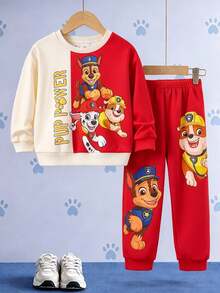 SHEIN | PAW Patrol 小男孩黃色拼色卡通小狗印花寬鬆衛衣套裝 秋季長袖上衣與長褲 返校休閒穿搭 - 彩色 - 查看 3