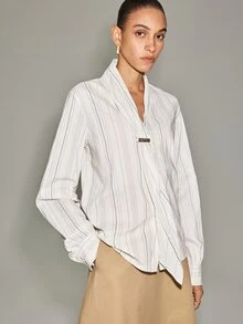 Anewsta Essential Anewsta Women's Textured Striped Cotton Blend Long Ribbon Metal Buckle Front Open Shirt, Minimalist Elegant, Fashion Commute - Black and White - View 6