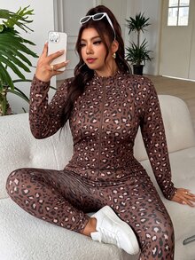 SHEIN EZwear 秋冬鏽棕色豹紋休閒大尺碼女裝套裝 - 鏽棕色 - 查看 7