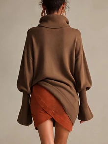 Breezaya Autumn/Winter Date & Street Wear Vintage Lazy High Neck Loose Knit Sweater Dress - Coffee Brown - View 2