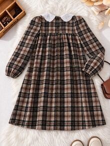 SHEIN Tween Girls' Brown Gentle Style Minimalist Floral Print Long Sleeve Pullover Dress, Loose Fit, Elega - Brown - View 2