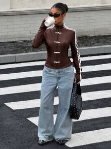 Muchica Women's New Autumn Black Elastic PU Leather Woven Tape Patchwork Frog Button Jacket For Going Out, Streetwear, Y2K - Brown - View 3