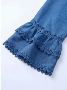 Linhara CURVE Plus Size V-Neck Frog Button Blouse, Long Sleeve Bell Sleeve With Lace Trim, Loose Fit Linen Blend Bohemian Style Women's Top - Blue - View 6