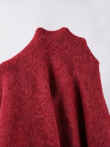 SHEIN Fall Solid Heather Knit High Turtleneck Irregular Hem Tassel Fringe Cape Poncho Outerwear Shawl - Red - View 5