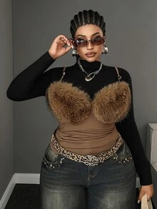 Maweii Plus Size Sleeveless Fur Trim Sexy Camisole Tank Top - Brown - View 1
