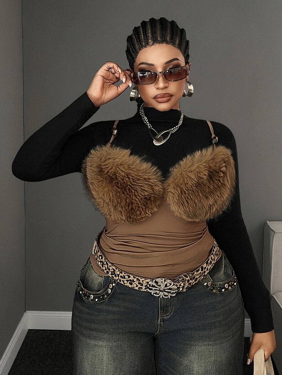 Maweii Plus Size Sleeveless Fur Trim Sexy Camisole Tank Top - Brown - View 1