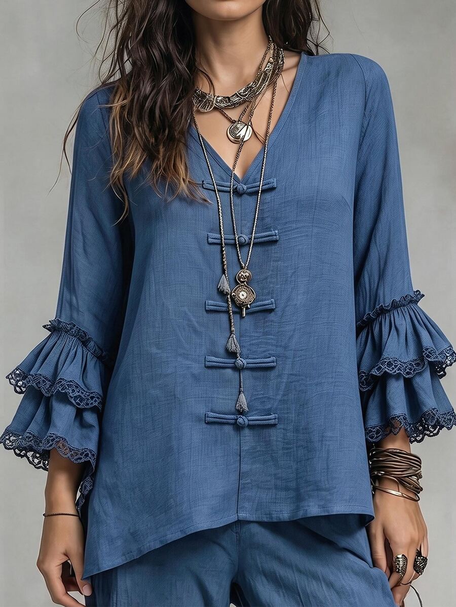 Linhara CURVE Plus Size V-Neck Frog Button Blouse, Long Sleeve Bell ...