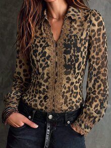 Flora Isola Flora Isola Women's Leopard Print Casual Versatile Daily Wear Blouse - Green - View 3