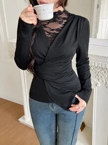 Feyla Fashionable Black Blouse For Women Featuring Lace Neckline And Twist Wrap Front With Long Sleeves - Black - View 3