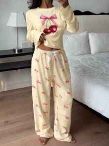 ZzzCrew 櫻桃條紋蝴蝶結印花女款長袖睡衣套裝 - 黃色 - 查看 4
