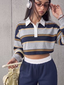 Slayform Women's Striped Drop Shoulder Long Sleeve Polo Collar Casual Sweatshirt - Multicolor - View 6