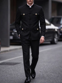 Manfinity Mode 男士奢華中式盤扣立領西裝套裝，送給男友或丈夫的完美禮物 - 黑色 - 查看 4