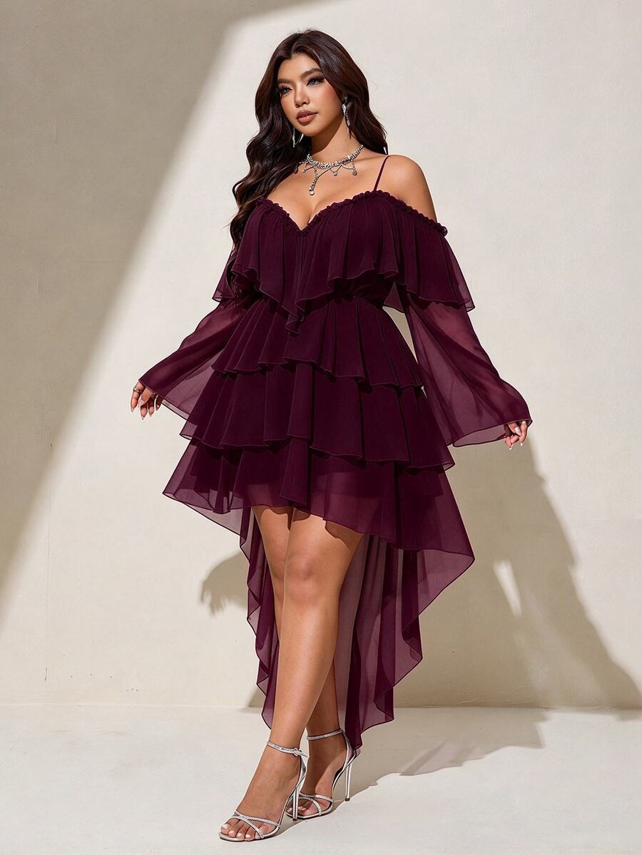 Viva Relle Plus Size Sexy Cold Shoulder Spaghetti Strap Front Short Back Long Burgundy Dress Fall - Red Violet - View 1