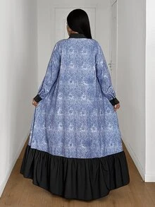Maweii Plus Size Denim Effect Print Shirt Dress, Collared Button-Down With Faux Pockets, Patchwork Black Ruffle Hem, Loose Fit - Blue - View 4