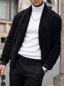 Manfinity CasualCool 男士長袖純色開襟抓絨外套，萬聖節、聖誕節、新年禮物 - 黑色 - 查看 4