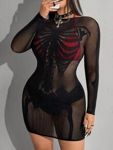 Whyspr Plus Size Women's Skeleton Pattern Hollow Out Sheer Long Sleeve Slim Fit Sexy Dress Fall - Black - View 5