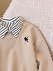 Resyla Women's Knight Print Patchwork Striped Collar Long Sleeve Casual 2 In 1 Sweatshirt - Khaki - View 4