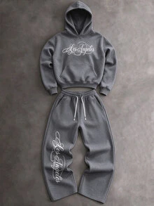 Manfinity Hypemode Setelan Kasual Sehari-hari Pria: Hoodie dan Celana Motif Huruf - Grey - View 4