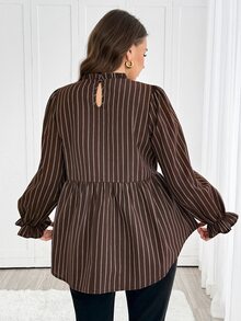 Easowa Curve Plus Size Minimalist Striped Colorblock Vacation Shirt - Mocha Brown - View 2