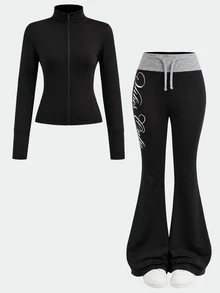 Barn- och tonårstjejens höst/vinter casual vardagsoutfit med stickad jacka med bokstavstryck i enfärgad svart, färgblockerad midja och utsvängda benbyxor, Back to School - Svart - Visa 4