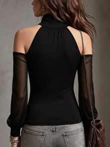 SHEIN Women's Black Mesh Cold Shoulder Long Sleeve Top, Criss-Cross Ruched Slim Fit Sheer Mesh Patchwork Base Layer T-Shirt - Black - View 2