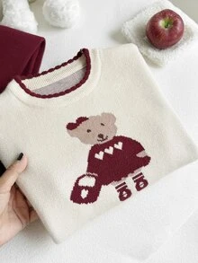 SHEIN 2026 春/秋新款 4-7 歲女童毛衣套裝，2 件套，適合休閒外出、週末家庭聚會和學校活動 - 紅色 - 查看 5