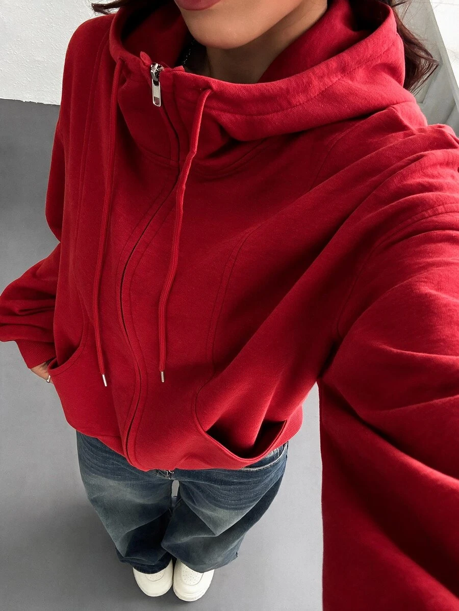 SHEIN EZwear 女款前拉鍊長袖口袋連帽衫,極簡休閒畢業季返校穿搭,適合女性教師,秋冬回歸款 - 紅色 - 查看 1
