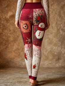 INAWLY Women's Fashionable Personalized Snowman Print Sports Long Pants - Red - View 2