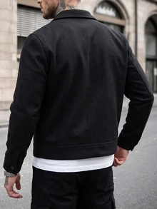 Manfinity CasualCool 男士新款中式風格休閒商務翻領羊毛混紡拉鍊短款外套夾克 - 黑色 - 查看 2