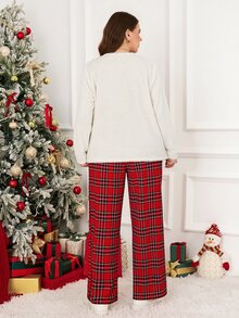 SHEIN LUNE Plus Size Women Bow Pattern Long Sleeve Top And Pants Casual Daily 2 Pieces Set Party Wear - Multicolor - View 2